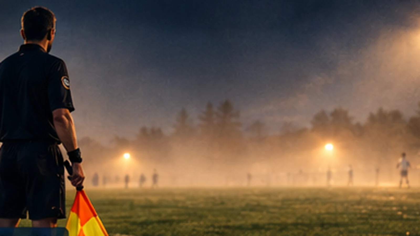Un arbitre assistant de dos, drapeau à la main, au bord d’un terrain dans la brume (illustration)